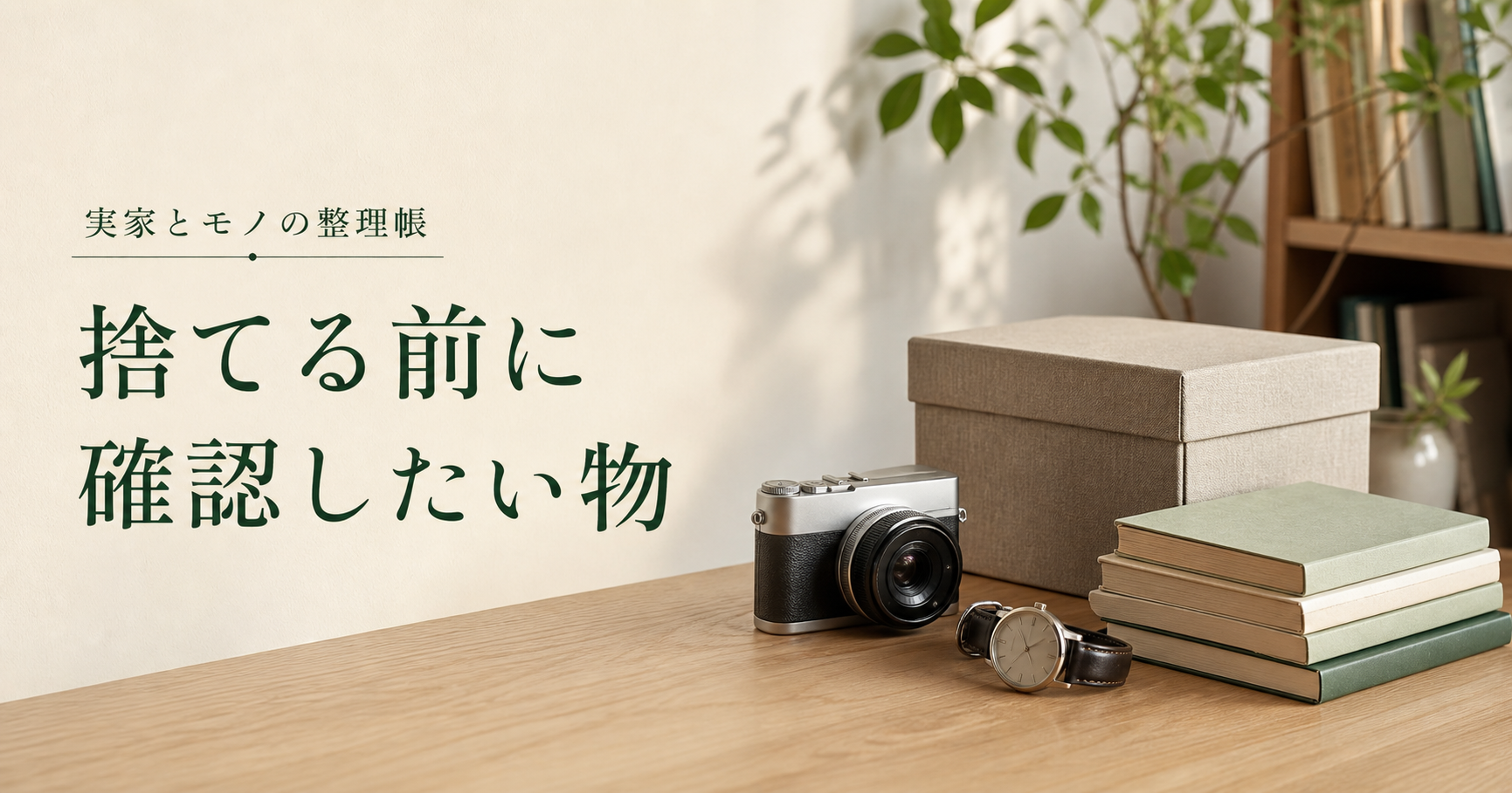 捨てる前に確認したい物を、カメラ・腕時計・本と整理箱で表したイメージ