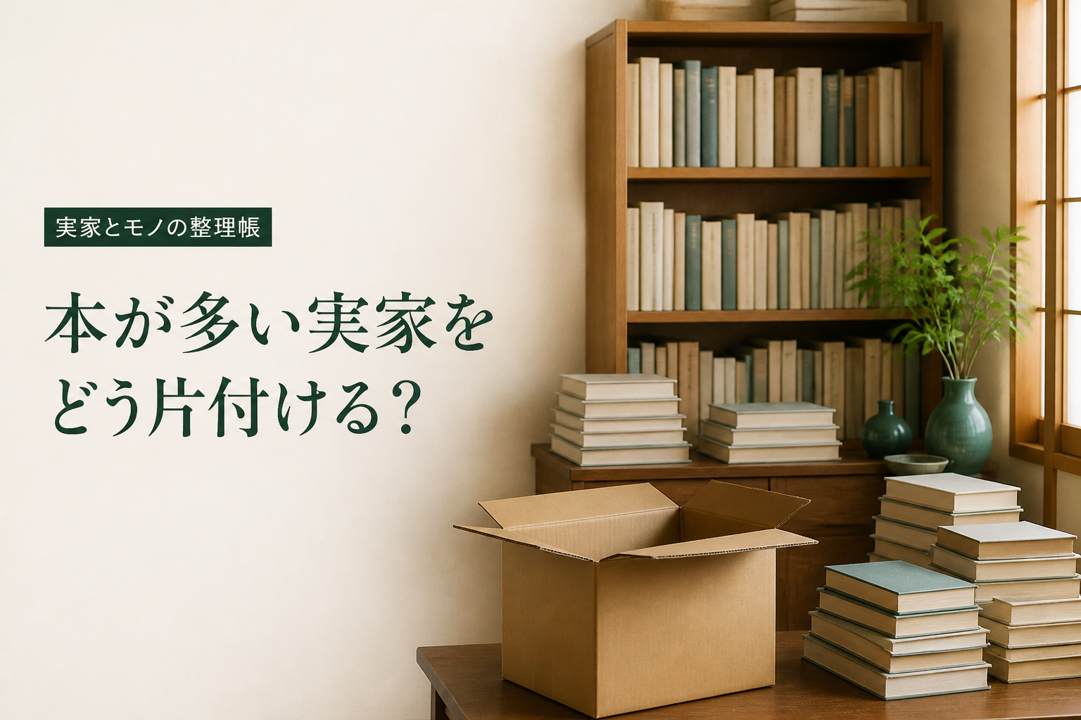 実家にある本と整理用の段ボール箱を表したイメージ