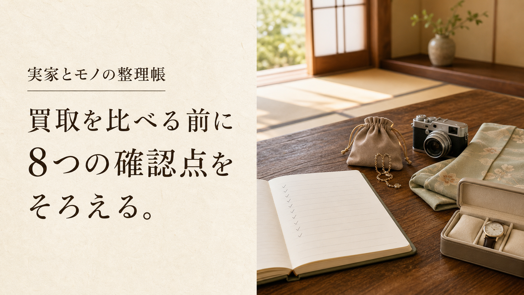 実家の買取比較で確認したい項目を、ノートと時計・カメラ・着物とともに示した和室のイメージ