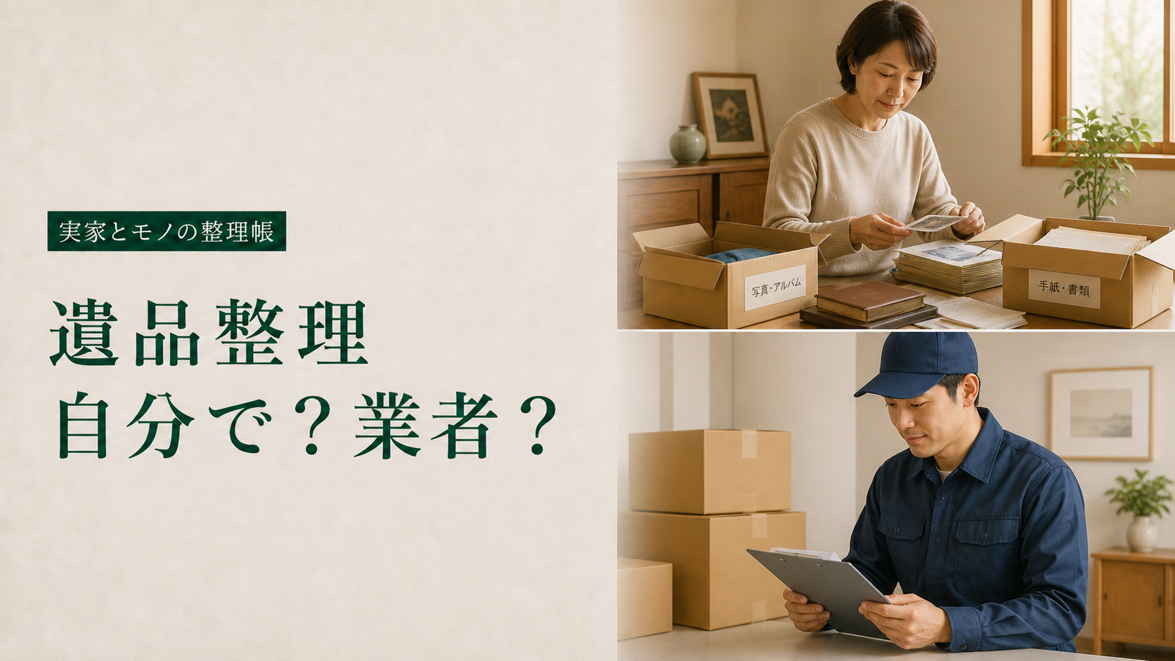 遺品整理を家族で行う場合と業者へ頼む場合を比較したイメージ