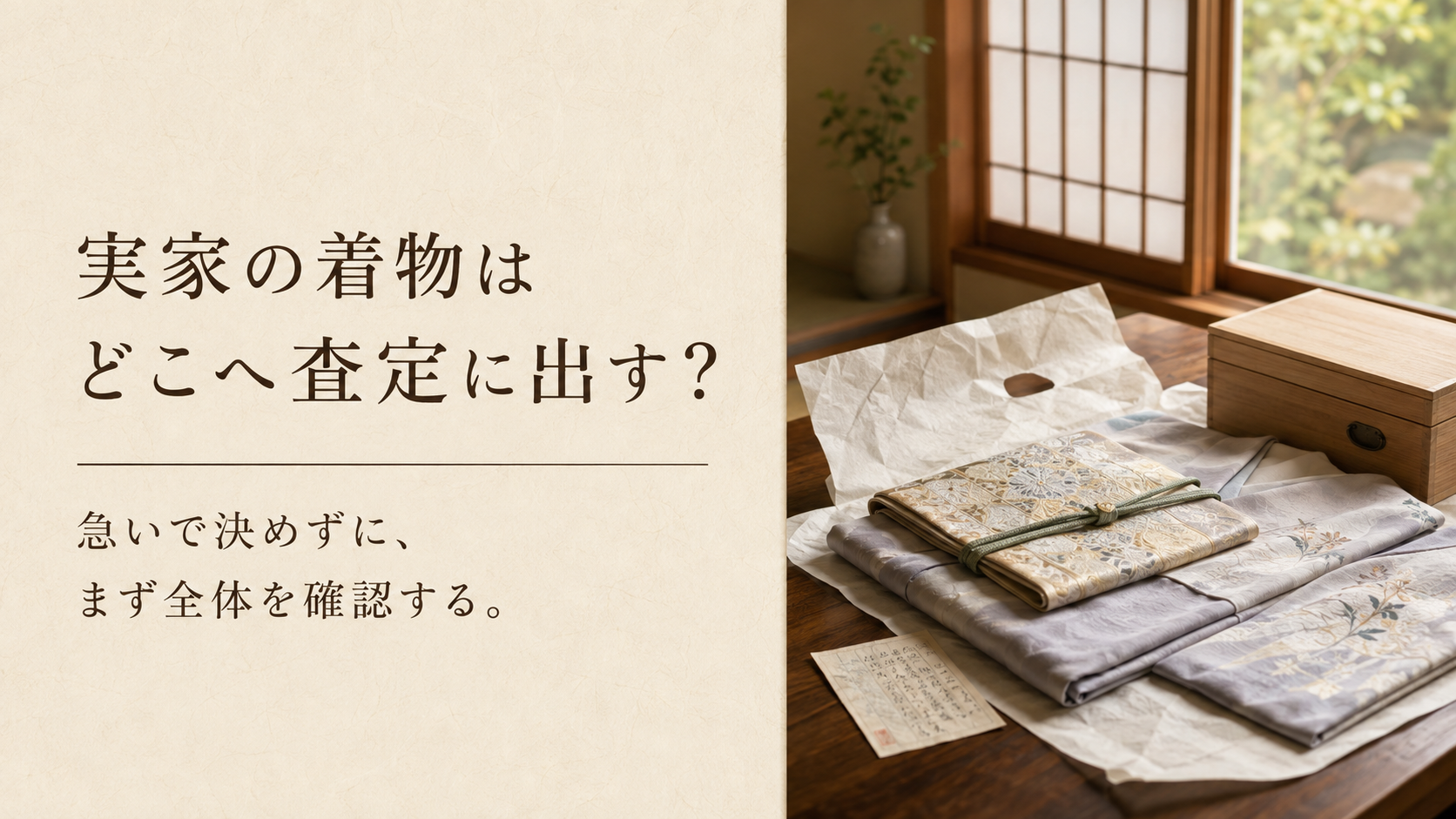 実家で見つかった着物と帯、たとう紙を査定前にまとめて確認するイメージ