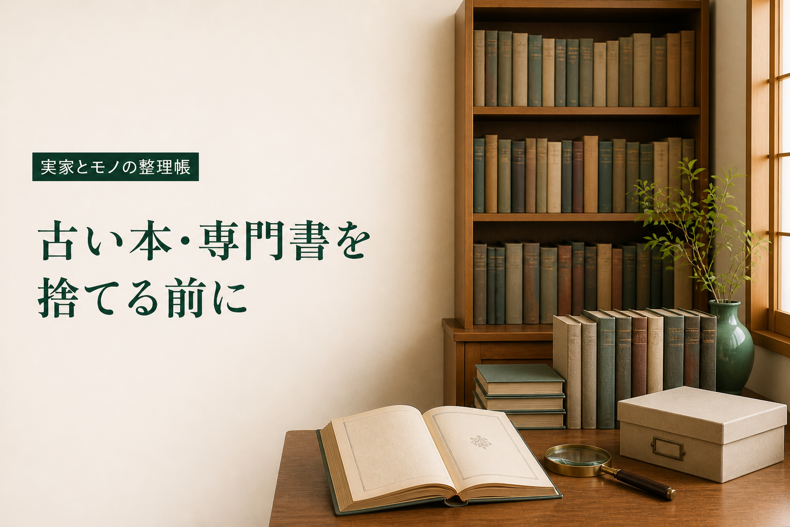 古い本・専門書を捨てる前の確認事項を、本棚と奥付、虫眼鏡で表したイメージ