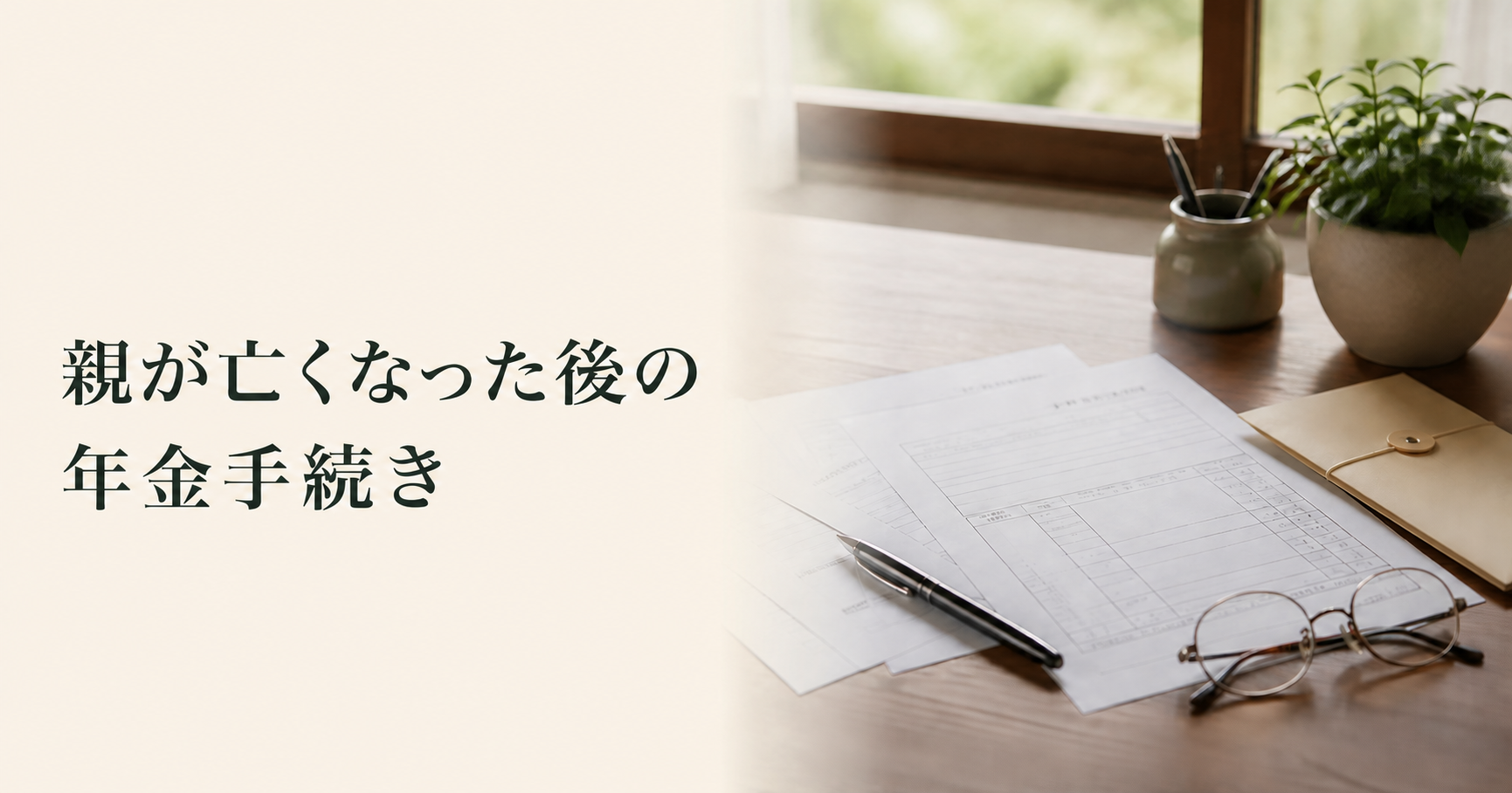 親が亡くなった後の年金手続きについて、公的年金と企業年金の確認を示すアイキャッチ