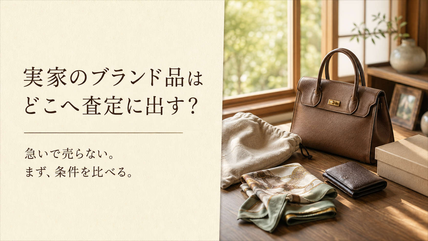 実家で見つかったブランドバッグ・財布・保存袋を、査定前に確認するイメージ