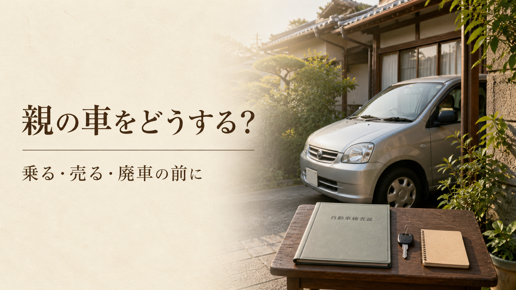 亡くなった親の車をどうするか考えるために、実家の駐車場の車と車検証、鍵を写したアイキャッチ画像