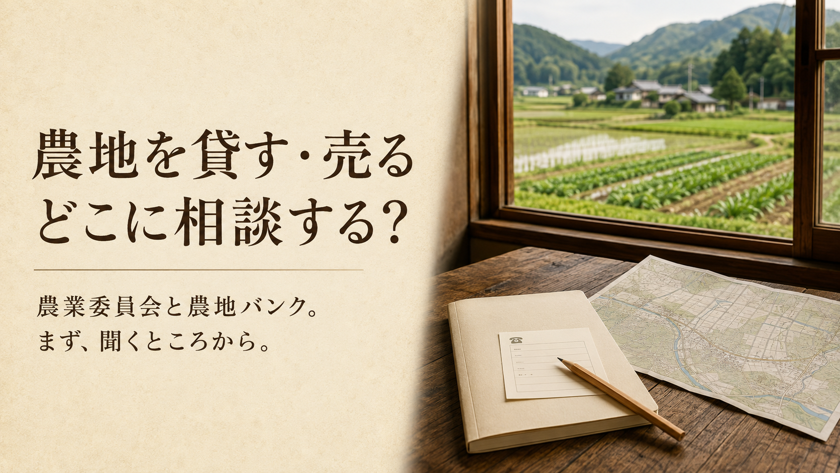 田畑を望む実家の窓辺に、農地の相談先をメモしたノートと地図を置いたアイキャッチ画像