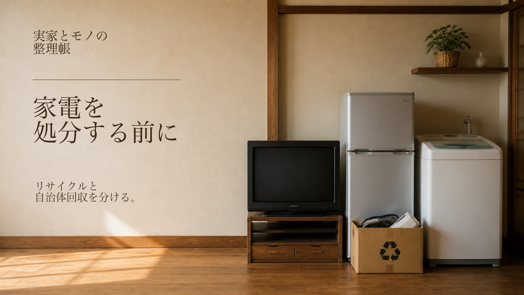 実家のテレビ・冷蔵庫・洗濯機を処分前に分けて確認するイメージ