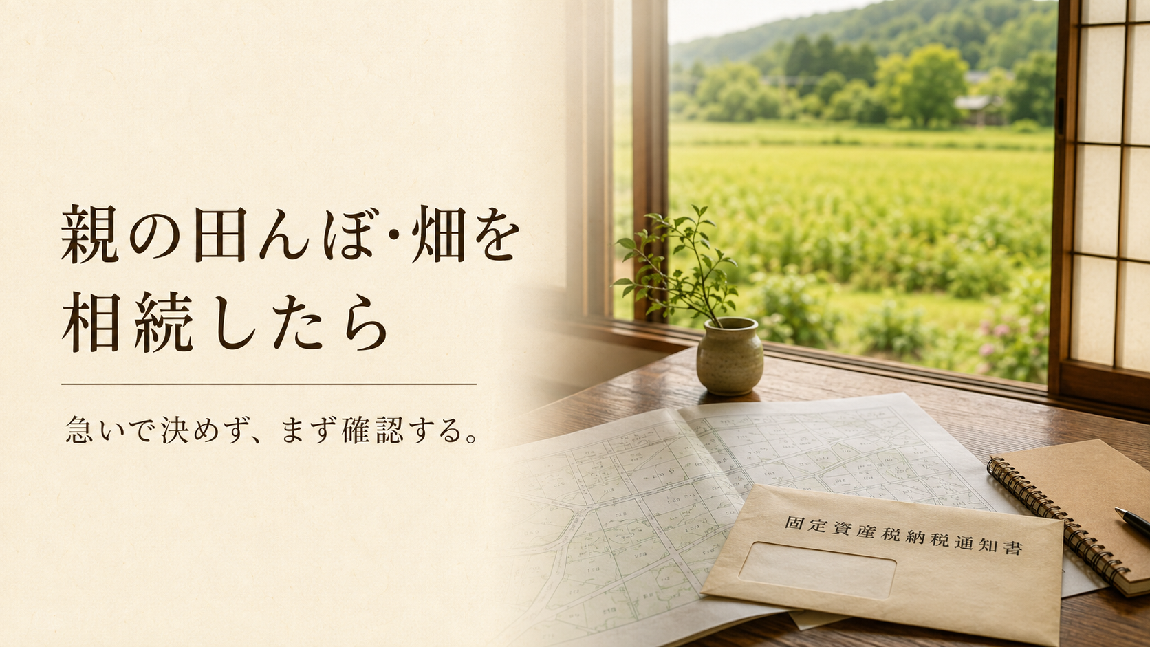 田畑を望む実家の窓辺に、土地の地図と固定資産税通知書を置いたアイキャッチ画像