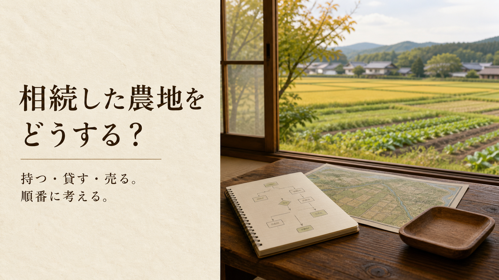 田畑を望む実家の窓辺に、農地の選択肢を整理するノートと地図を置いたアイキャッチ画像