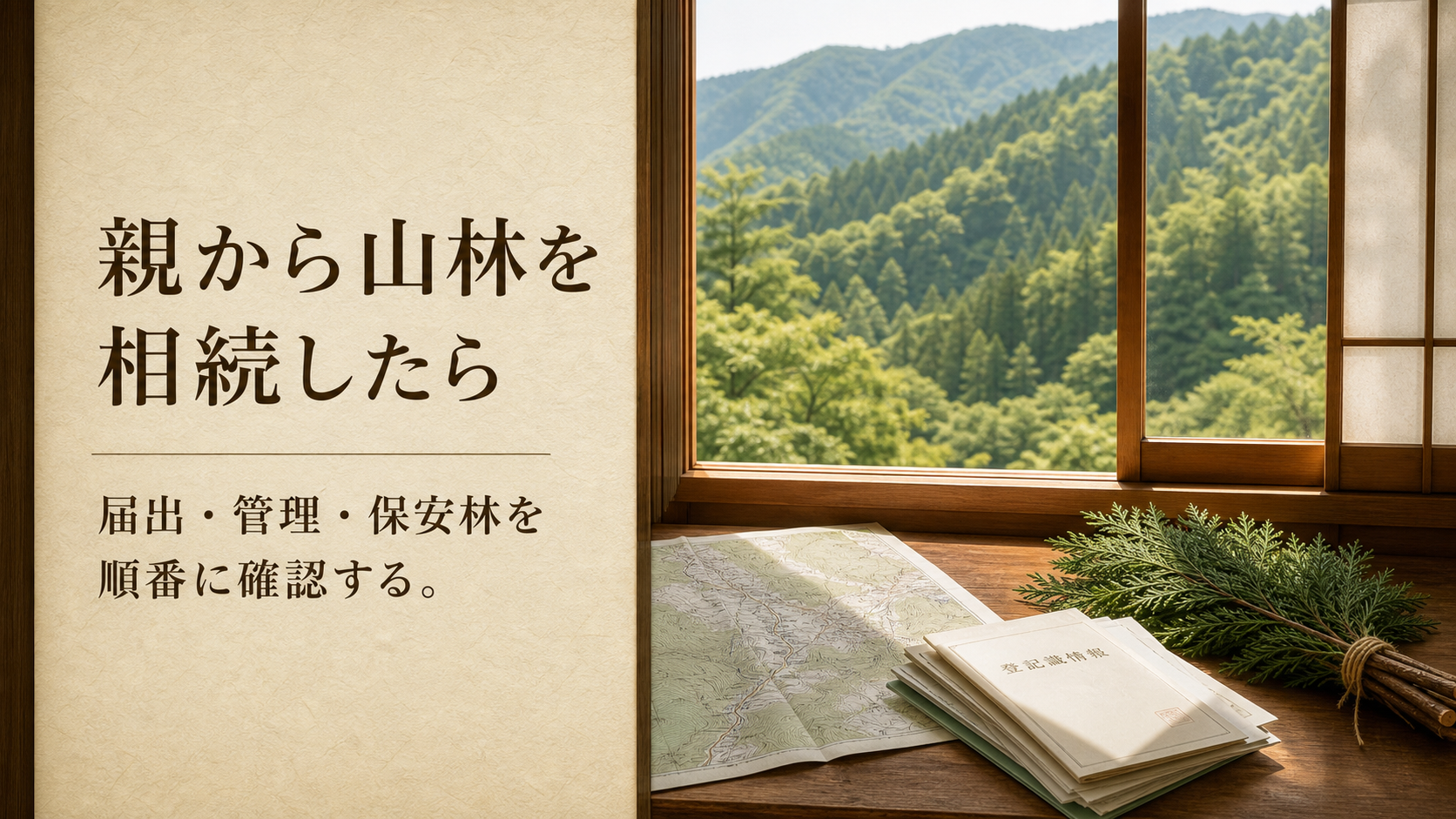 親から相続した山林について、届出・管理・保安林の確認事項を示すアイキャッチ画像