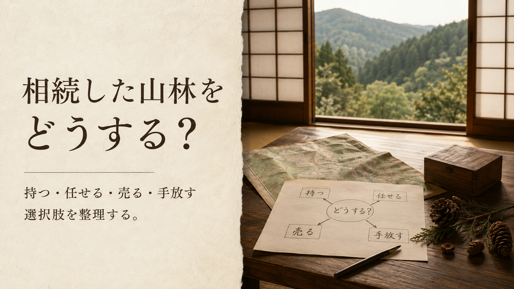 相続した山林について、持つ・管理を任せる・売る・手放す選択肢を示すアイキャッチ画像