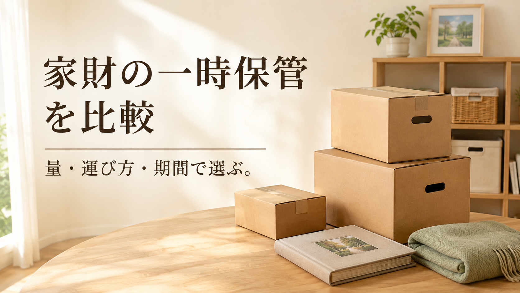 段ボール箱や収納棚を見ながら、実家の家財に合う一時保管サービスを比較するイメージ