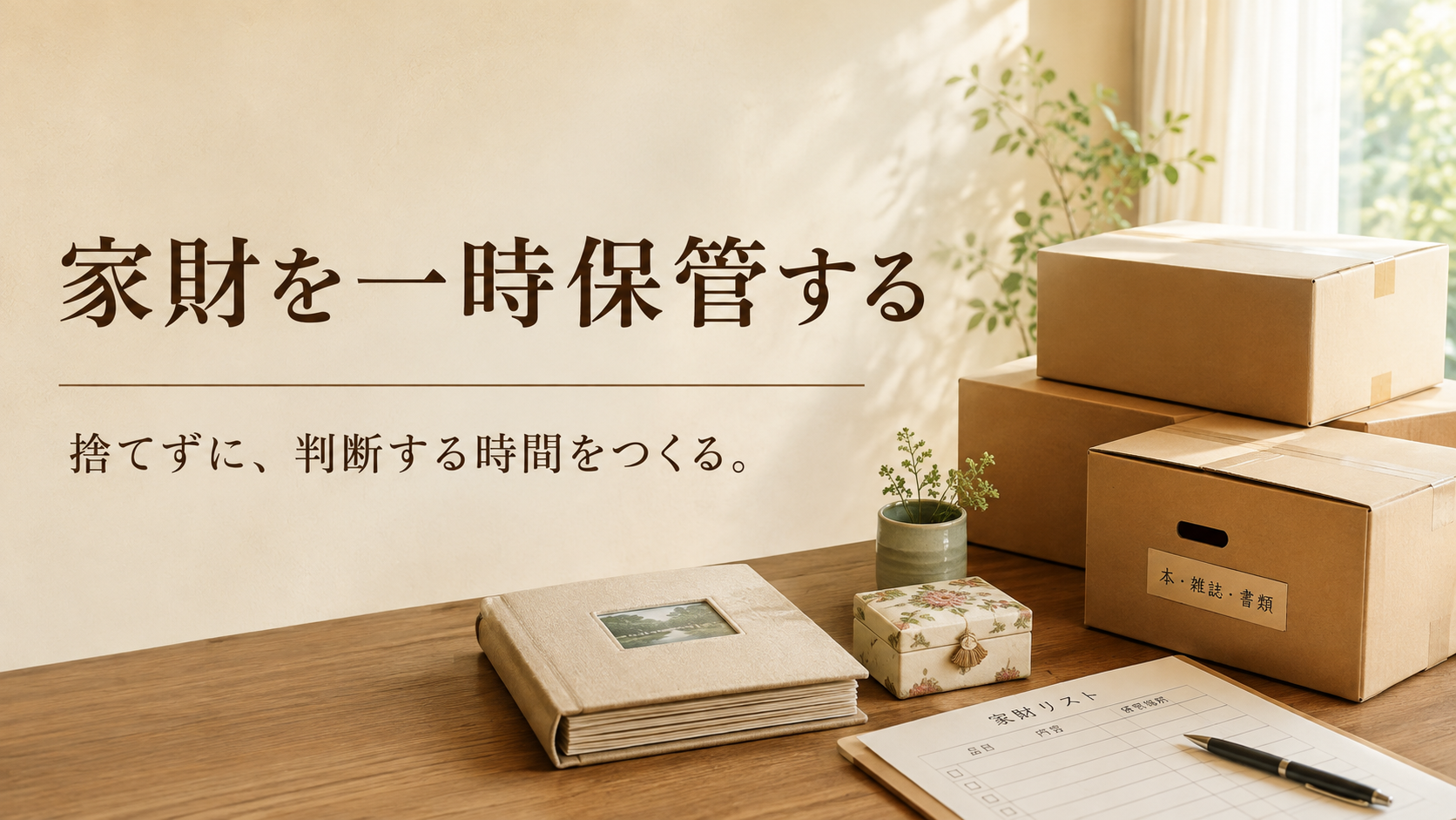 段ボール箱やアルバムを整理し、亡くなった親の家財を一時保管する準備