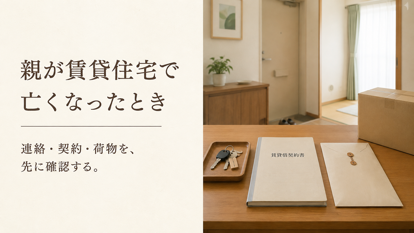 親が賃貸住宅で亡くなった後に、鍵と賃貸借契約書、荷物を確認するイメージ