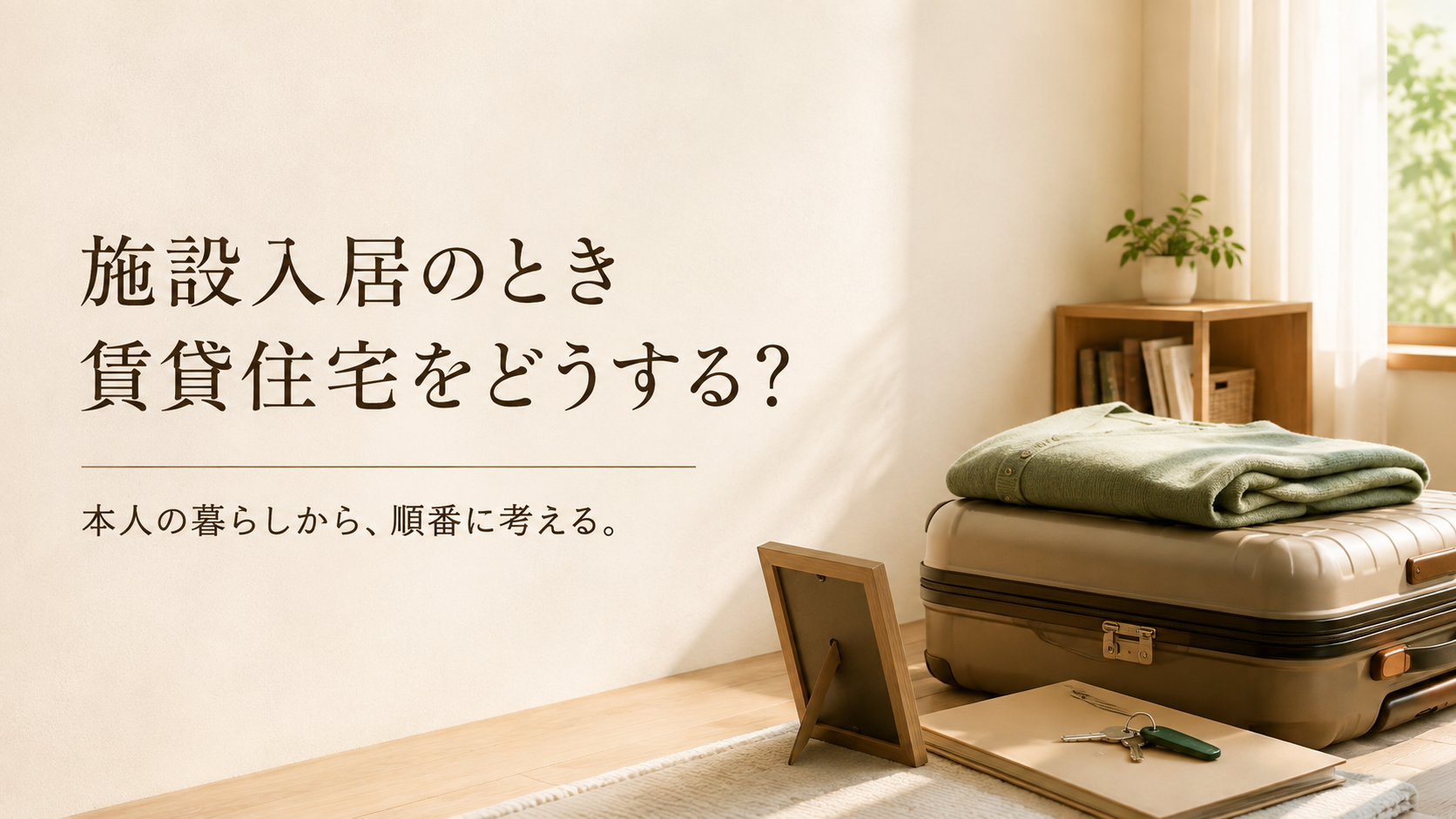 親が施設へ入居する際に、賃貸住宅の荷物と鍵を確認するイメージ