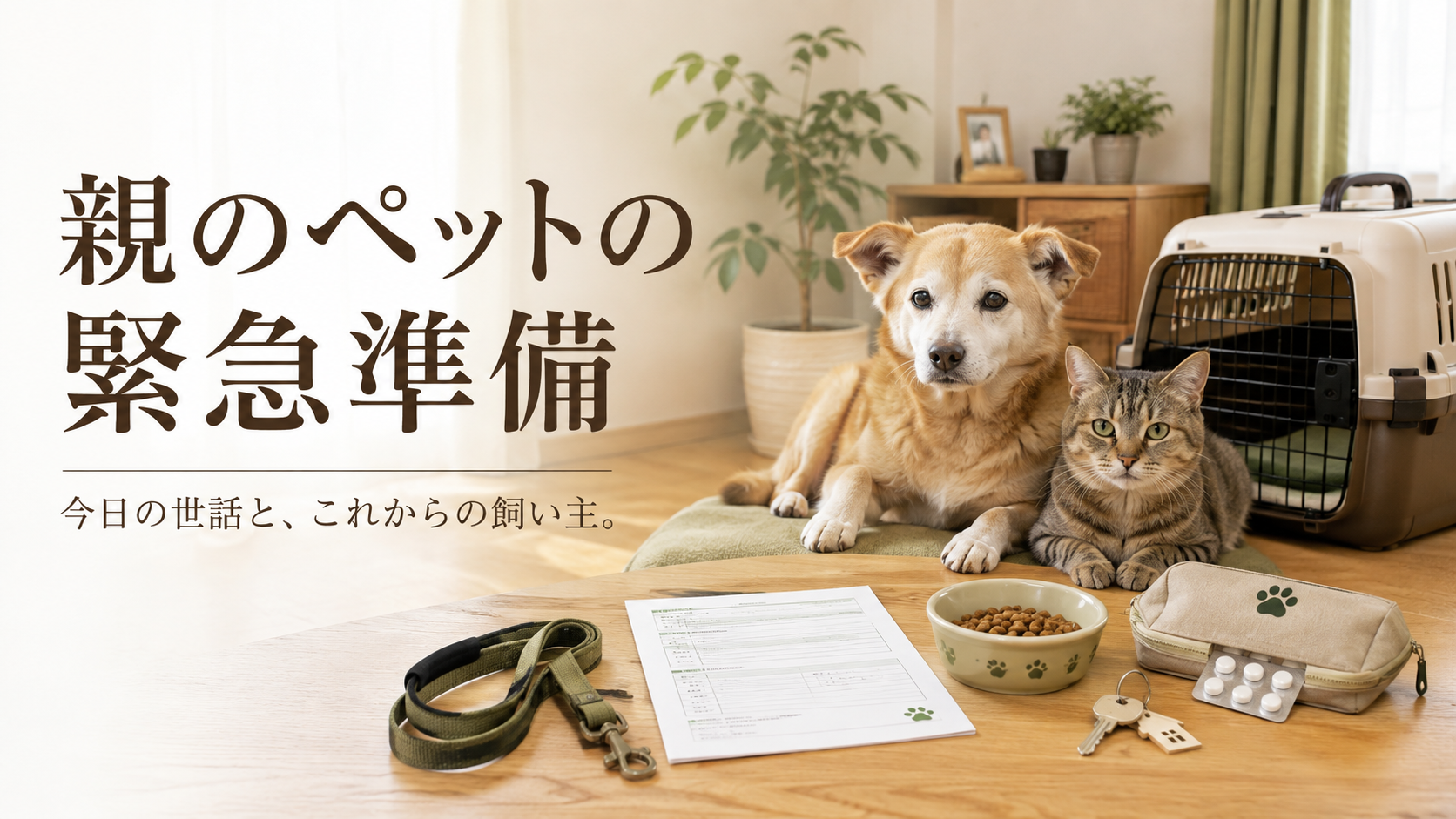 親の急な入院などに備え、犬と猫の世話の情報、鍵、キャリーを準備するイメージ
