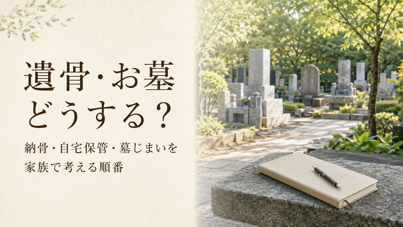 穏やかな墓地と手帳を前に、遺骨やお墓の今後を家族で考えるイメージ